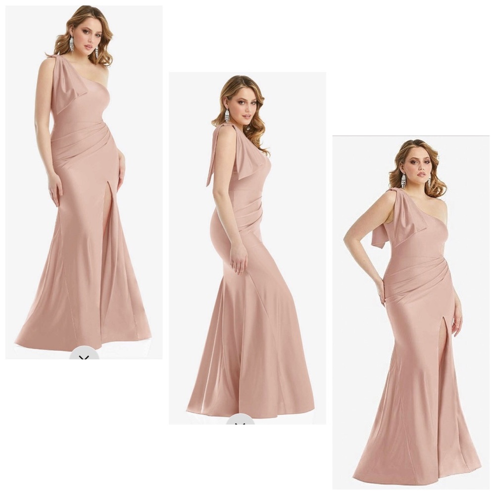 NWT Cynthia & Sahar ZAARA Cascading Bow One Shoulder Stretch Satin Mermaid Lg